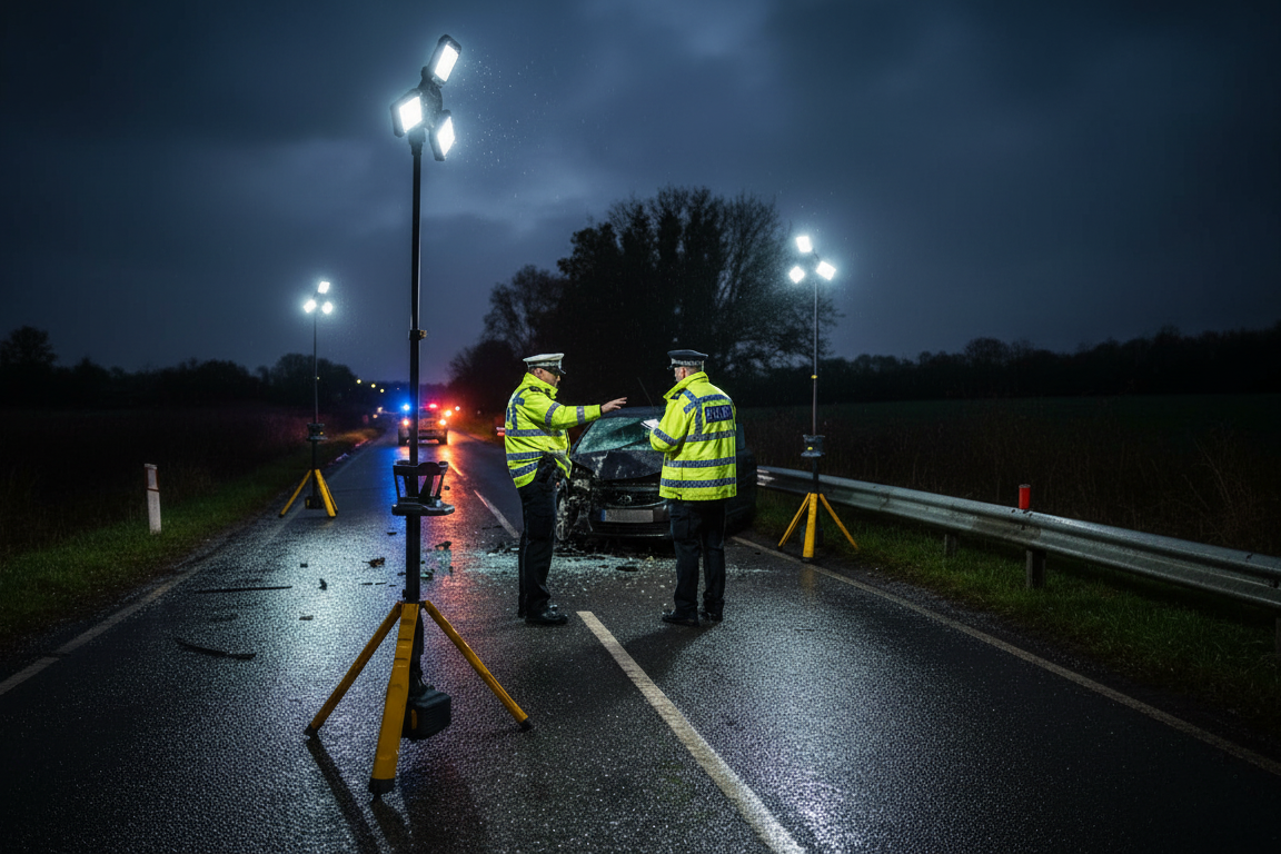 Two police officers in high-visibility yellow jackets stand on a wet road at night under bright portable floodlights, with a car behind them and dark trees in the background.